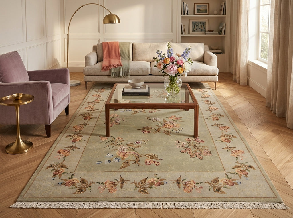 A large rectangular area rug with a floral border pattern in muted beige, sage green, and peach tones, styled in a bright living room with a wooden coffee table, sofa, and armchair.