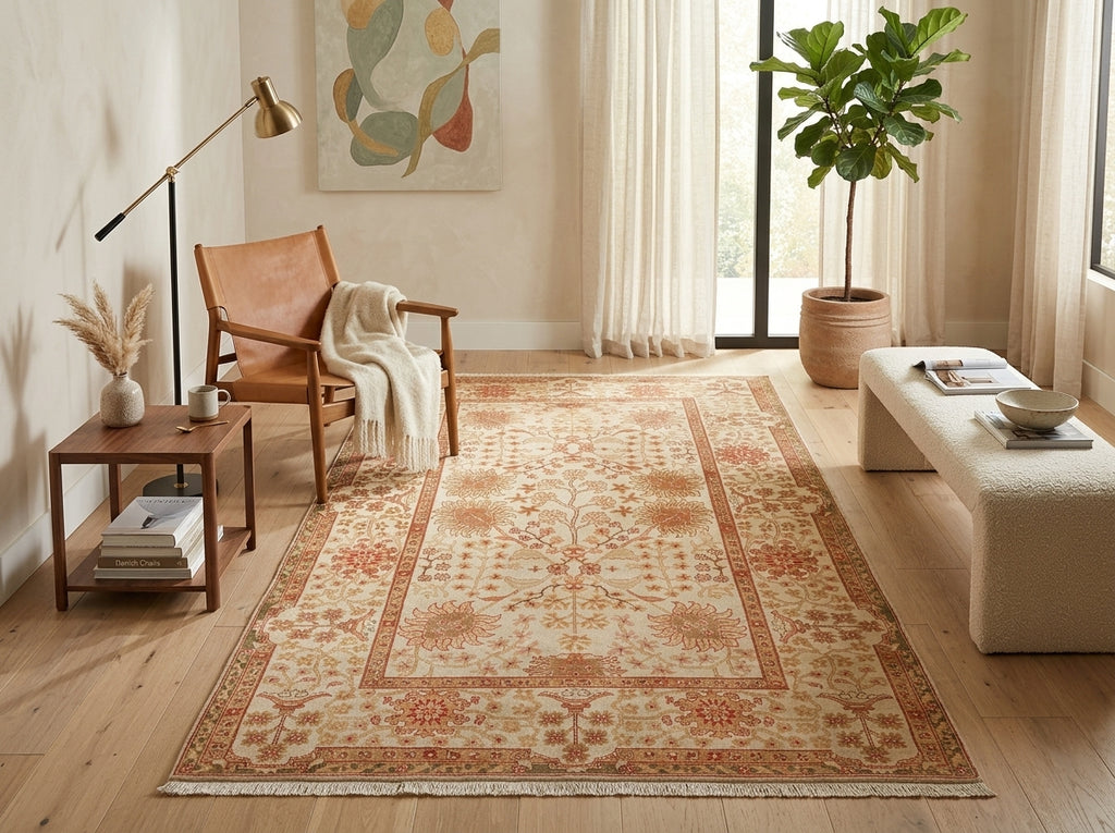 A rectangular area rug with a traditional floral pattern in beige, rust, and terracotta tones, styled in a bright, modern living room with a leather armchair, side table, and potted plant.