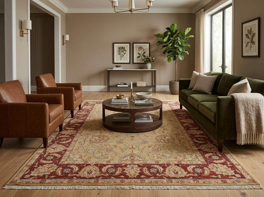 A large traditional oriental area rug in red, beige, and cream tones is styled in a warm, modern living room with a green sofa, brown leather armchairs, and a round wooden coffee table.