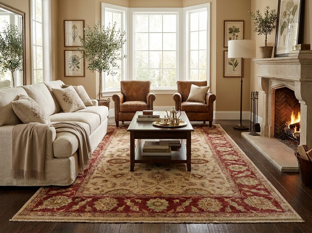 A large traditional-style area rug with a red border and beige floral pattern is shown in a styled living room with a cream sofa, two brown armchairs, a wooden coffee table, and a fireplace.