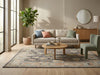Load image into Gallery viewer, A styled living room scene featuring a large rectangular area rug with a distressed, vintage-style multicolor pattern in blue, beige, and rust tones. The rug is placed on a light wood floor in front of a light gray sofa with accent pillows, a round wooden coffee table, and a green armchair.