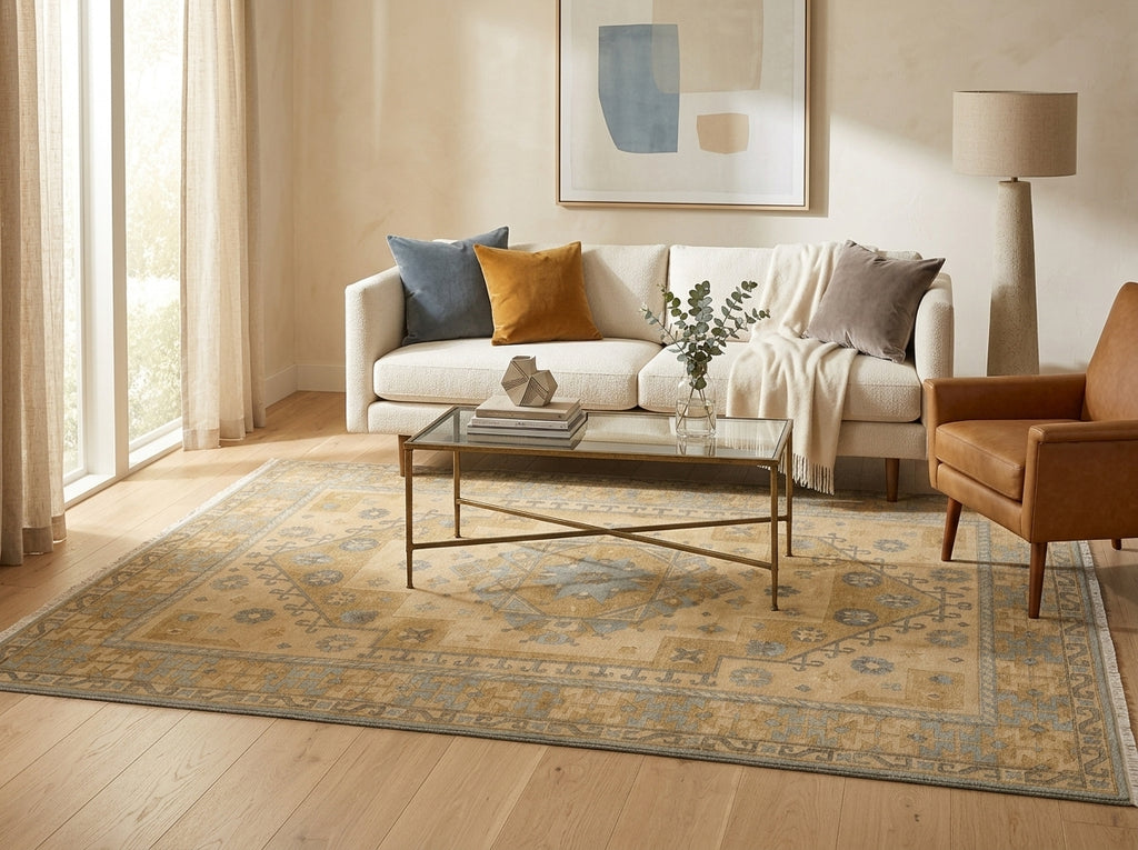 A styled living room scene featuring a large beige and blue traditional-style area rug on a light wood floor, with a white sofa, glass coffee table, and tan armchair in a sunlit interior.