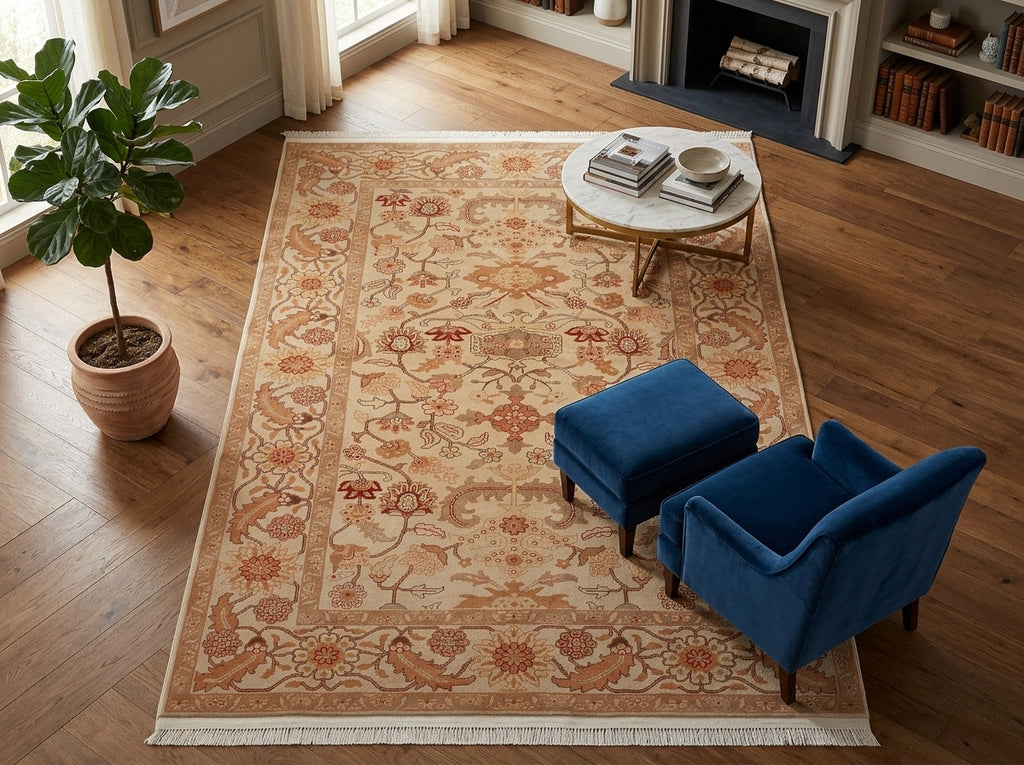An ornate traditional area rug with a beige and rust-orange floral pattern, styled in a warm living room with a blue velvet armchair, matching ottoman, a marble coffee table, and a potted fiddle-leaf fig plant.