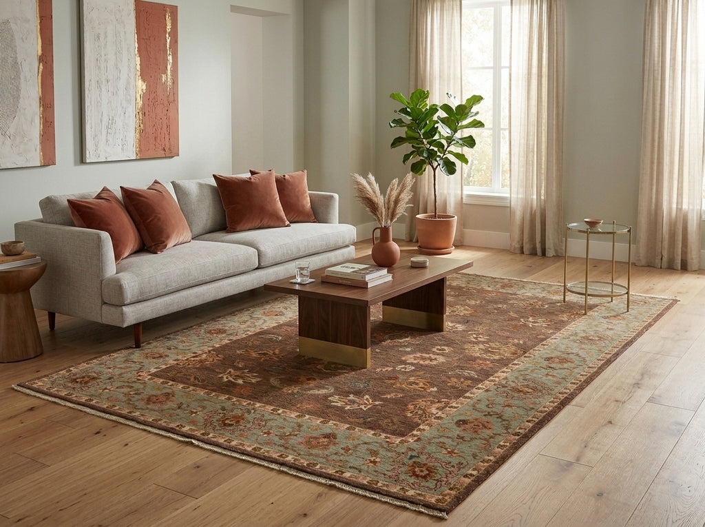 A large traditional-style area rug in earthy brown, beige, and muted blue tones, styled in a modern living room with a gray sofa, wooden coffee table, and light wood floors.