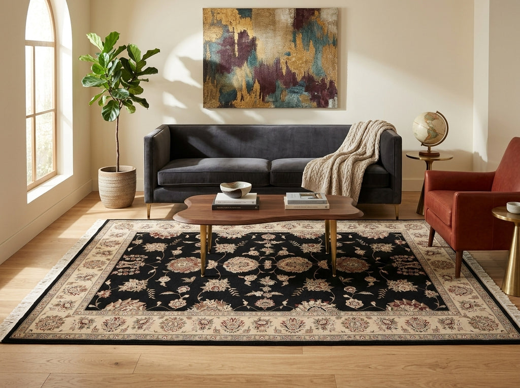 A large traditional-style area rug with a black field and ornate beige floral border, styled in a bright living room with a dark gray sofa, wooden coffee table, red armchair, and potted plant.