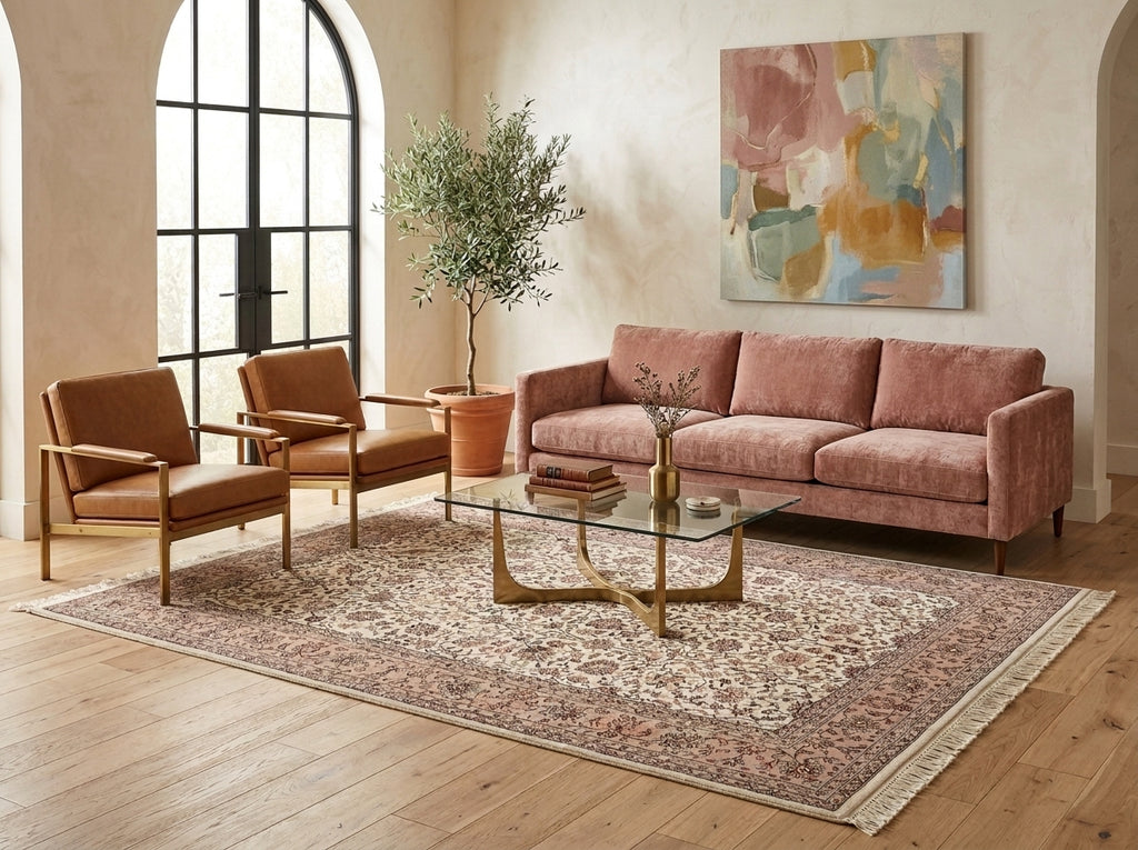 A styled living room featuring a dusty rose velvet sofa, two brown leather armchairs with wood frames, a glass-top coffee table with a gold metal base, and a large traditional patterned area rug on a light wood floor. An abstract painting hangs on the wall above the sofa.