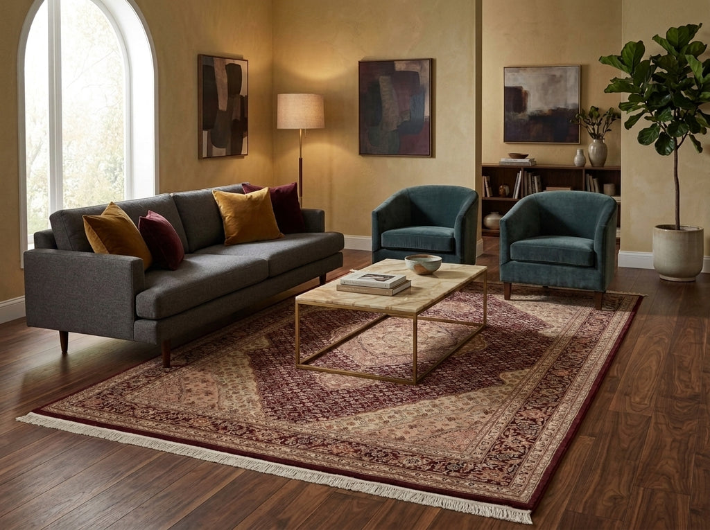 A styled living room featuring a large traditional-style area rug in red, beige, and brown tones, with a gray sofa, two teal armchairs, a wooden coffee table, and warm beige walls.