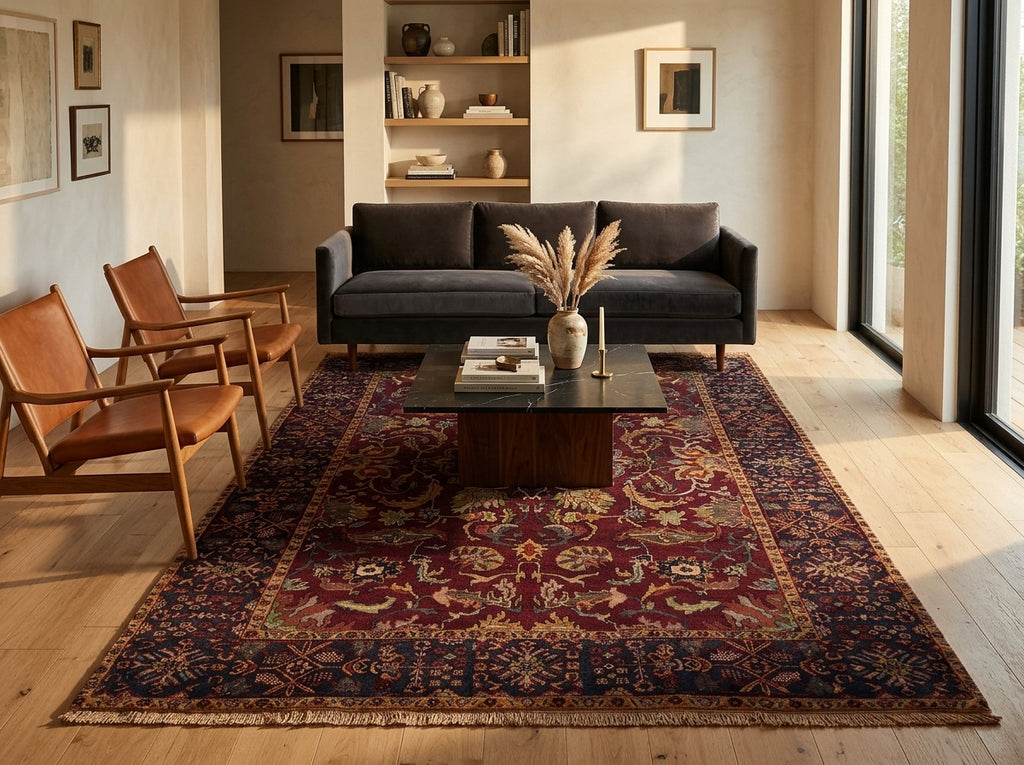 A large traditional oriental area rug with a deep red and navy blue pattern, styled in a modern living room with a dark gray sofa, wooden chairs, and light wood floors.