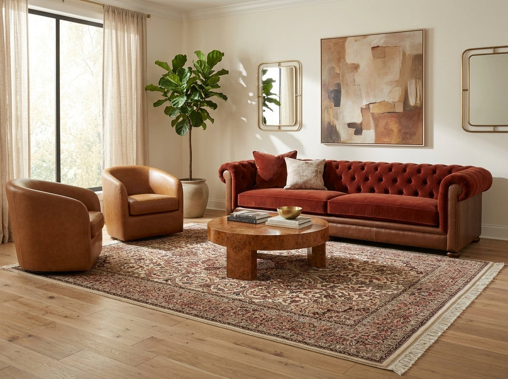 A styled living room featuring a rust-red tufted sofa, a tan leather armchair, a wooden coffee table, and a large patterned area rug on a light wood floor.