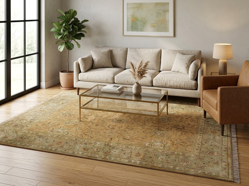 A large traditional-style area rug in beige, gold, and muted green tones is styled in a bright, modern living room with a light beige sofa, a glass-top coffee table, and a brown leather armchair.