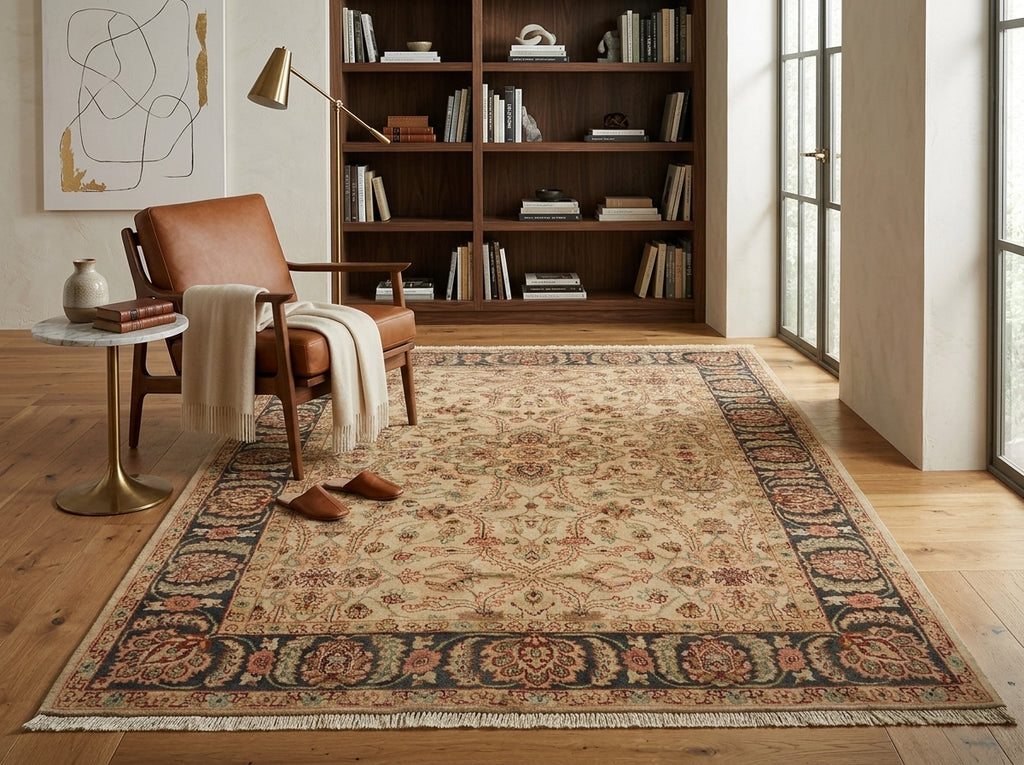 A large traditional area rug with an intricate floral pattern in beige, rust, and navy, styled in a warm, modern living room next to a brown leather armchair and a wooden bookshelf.