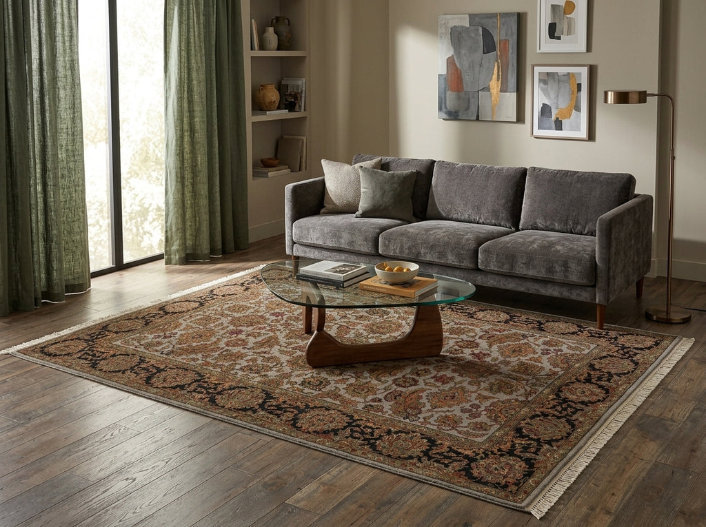 A large traditional-style area rug with a beige, brown, and navy floral pattern is styled in a modern living room setting with a gray sofa, glass coffee table, and wood flooring.