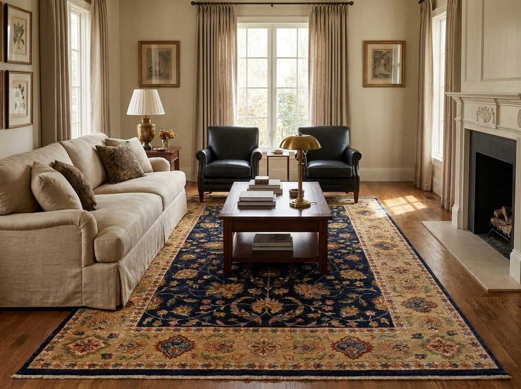 A large traditional oriental area rug in navy blue, beige, and gold tones, styled in a classic living room with a beige sofa, dark leather armchairs, a wooden coffee table, and a fireplace.
