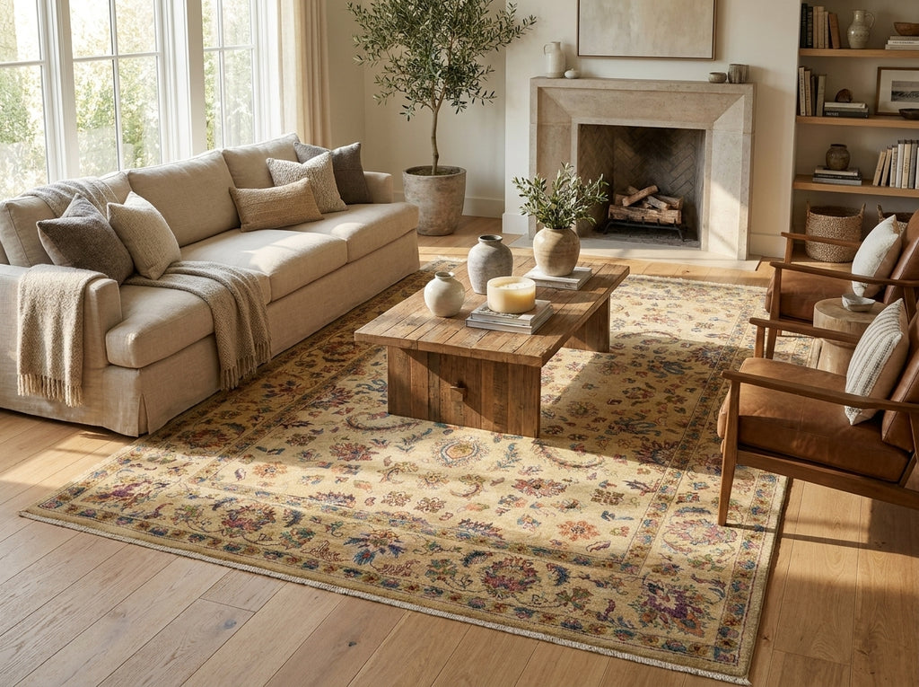 A large traditional-style area rug with an intricate floral pattern in beige, brown, and muted blue tones, styled in a bright, modern living room with a beige sofa, wooden coffee table, and fireplace.
