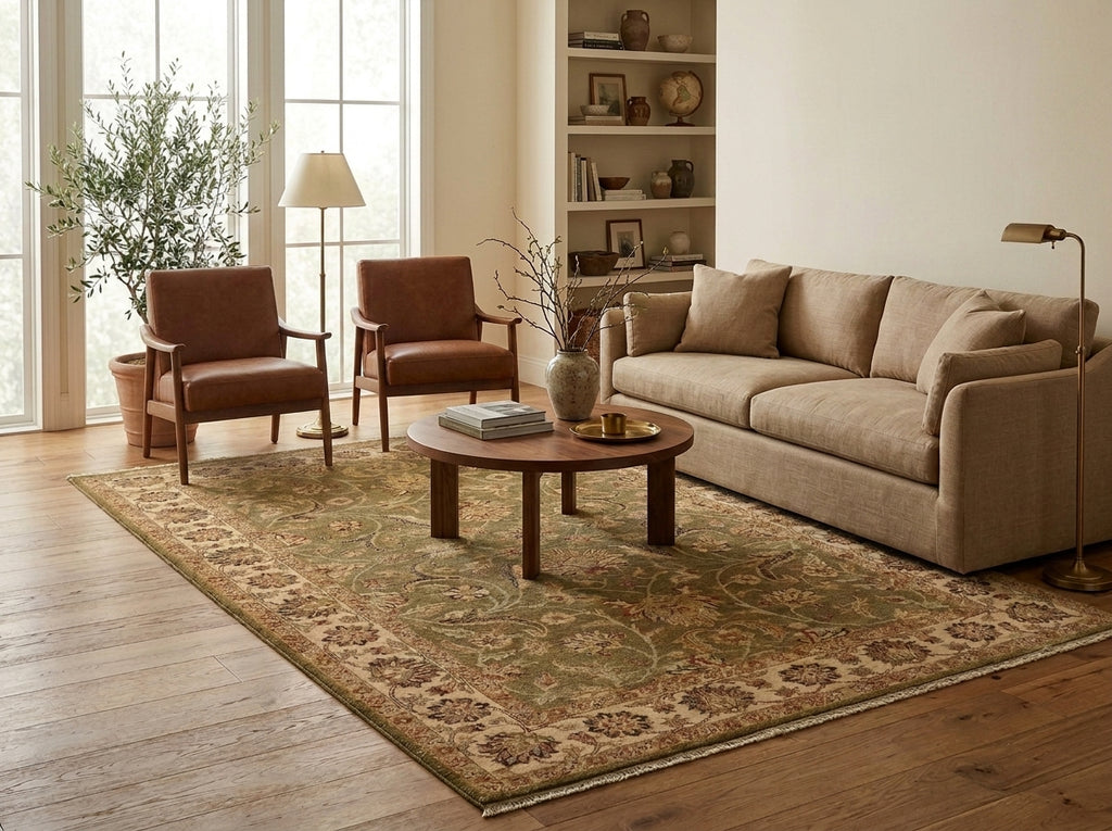 A large traditional-style area rug in beige, green, and brown tones is styled in a warm, modern living room with a beige sofa, two brown armchairs, a round wooden coffee table, and a floor lamp.