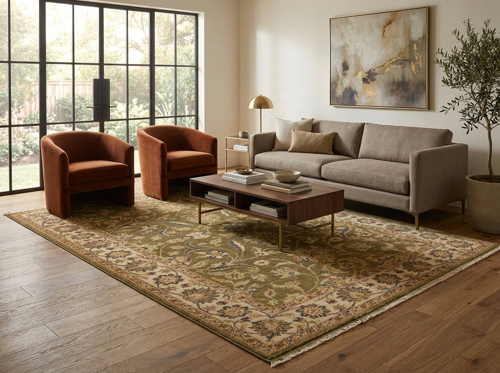 A styled living room featuring a large traditional oriental area rug in beige, brown, and muted blue tones, paired with a gray sofa, two rust-orange armchairs, a dark wood coffee table, and a large window in the background.