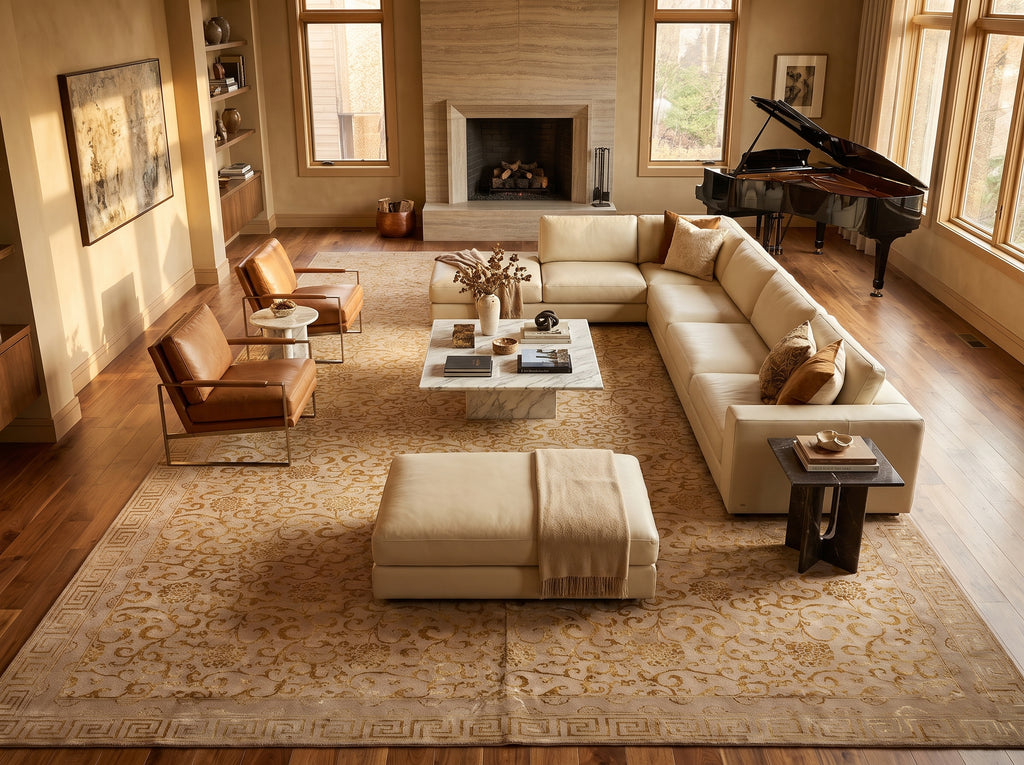 A large beige patterned area rug in a bright, modern living room with a cream sectional sofa, leather armchairs, a white coffee table, and a fireplace in the background.
