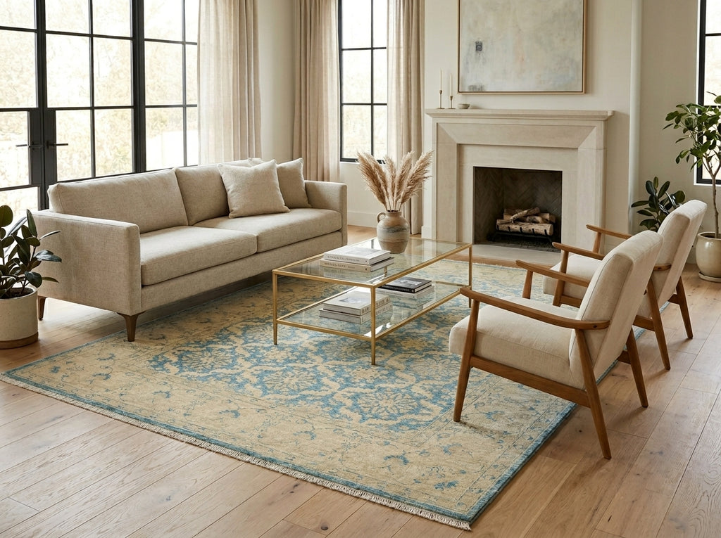 Living room with beige sofa, wooden chairs, glass coffee table, and fireplace.