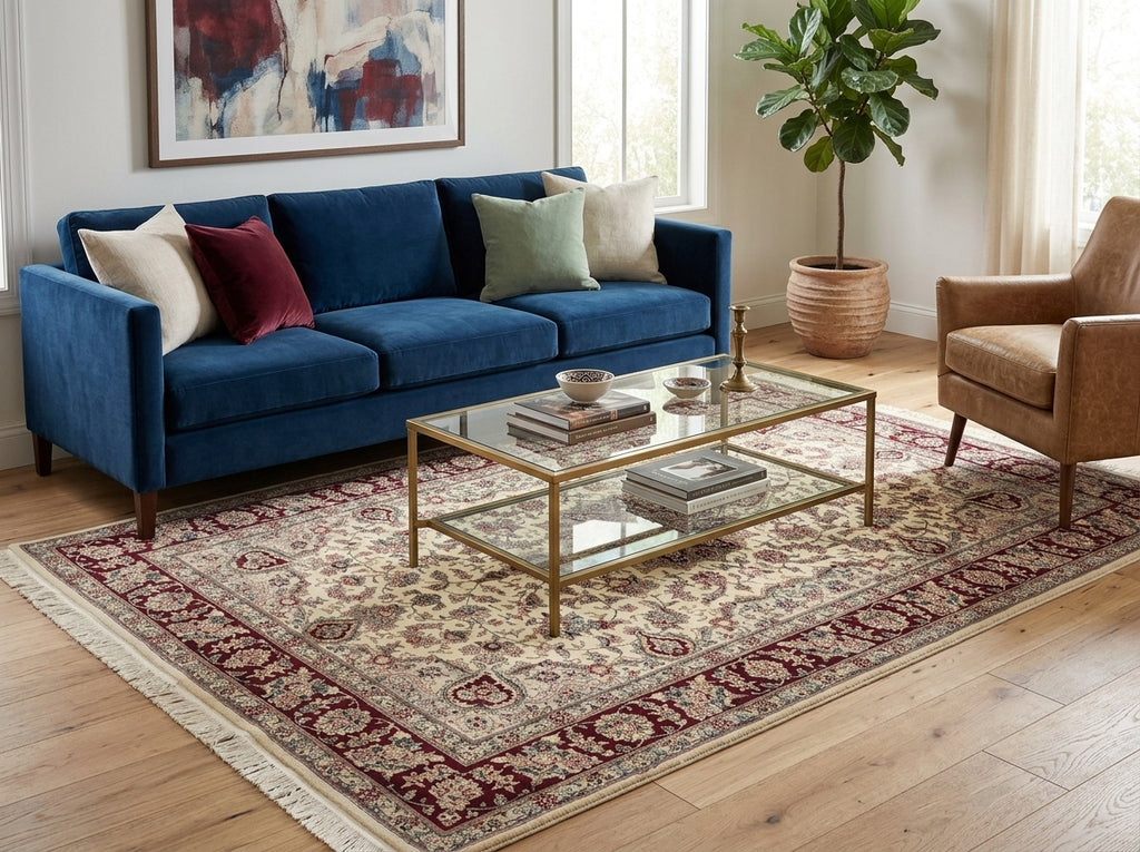 Living room with a blue sofa, glass coffee table, and patterned rug.