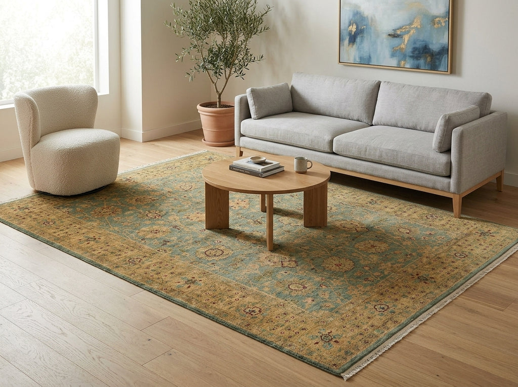 Living room with a gray sofa, round wooden coffee table, and patterned rug.