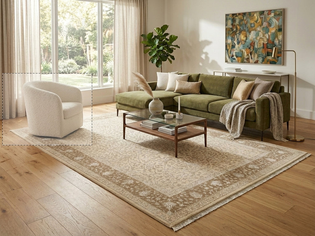 Living room with green sofa, white armchair, and coffee table on a large rug.