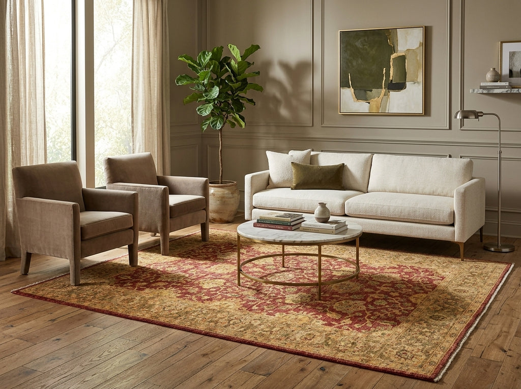 Living room with beige sofa, armchairs, and a coffee table on a patterned rug.