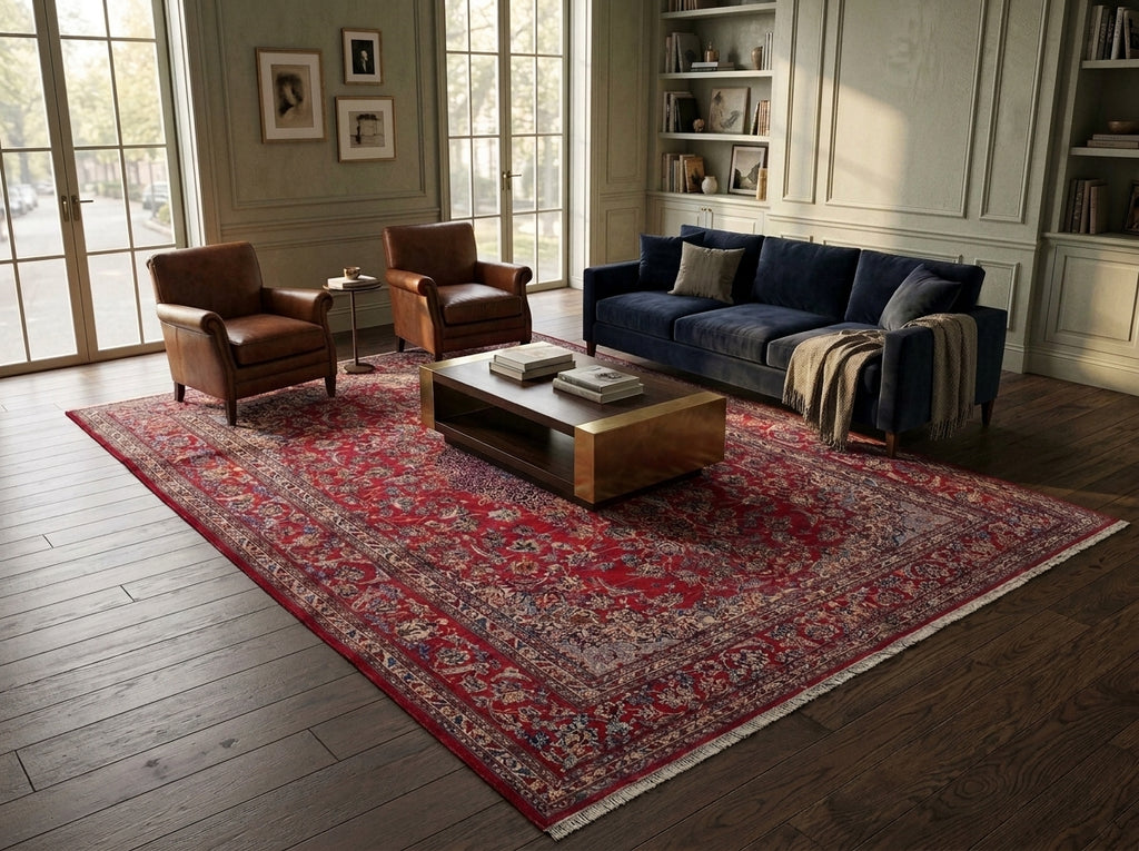 A large traditional Persian-style area rug with a red and beige floral pattern, displayed in a beautifully styled living room.