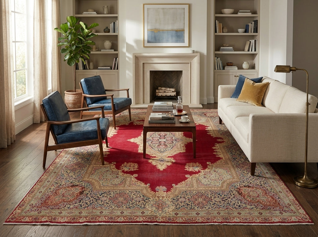 A large traditional Persian-style area rug in red, beige, and blue tones, styled in a bright living room with a white sofa, blue armchairs, a wooden coffee table, and a fireplace in the background.