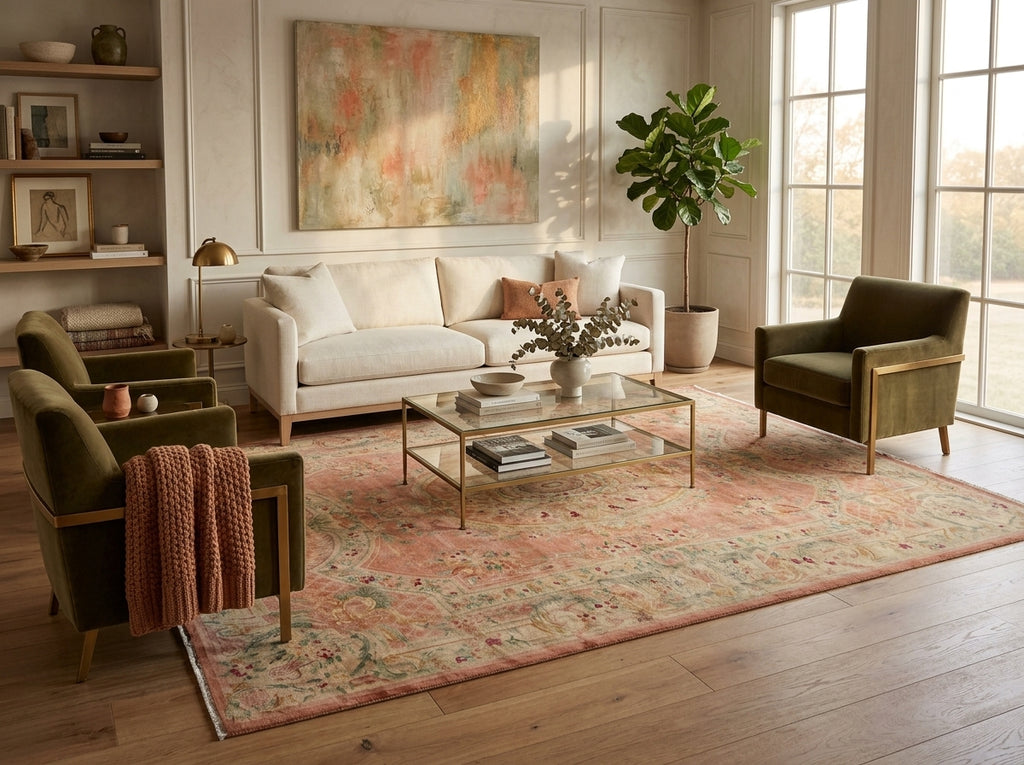 A styled living room featuring a large rectangular area rug with a distressed floral pattern in muted pink, beige, and green tones. The rug is placed on a light wood floor in front of a cream sofa, flanked by two olive green armchairs with a glass coffee table in the center.
