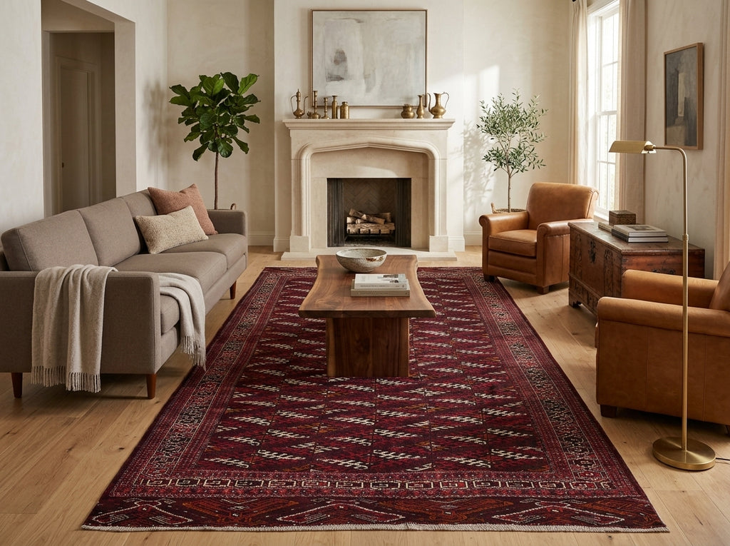 A large traditional oriental area rug in deep red and navy with cream geometric patterns, styled in a bright, modern living room with a fireplace, sofa, and leather armchairs.