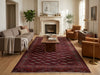 Load image into Gallery viewer, A large traditional oriental area rug in deep red and navy with cream geometric patterns, styled in a bright, modern living room with a fireplace, sofa, and leather armchairs.