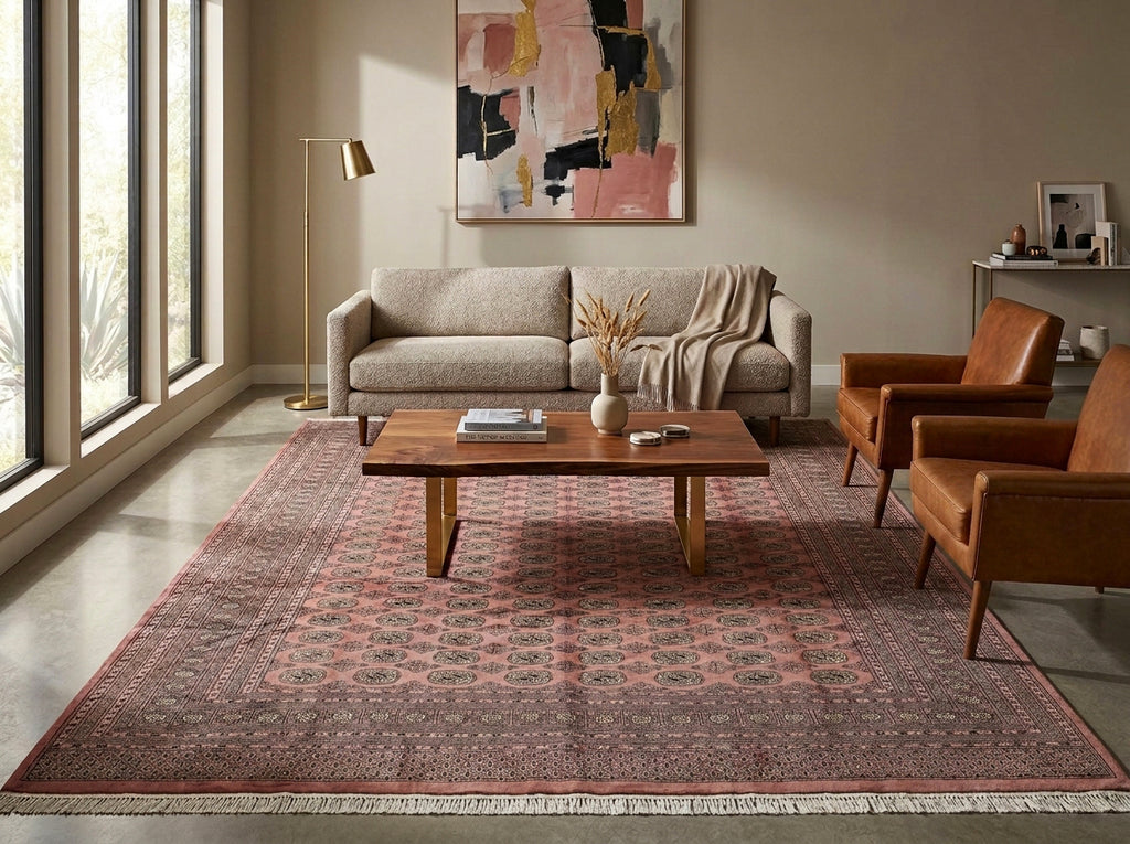 A large traditional-style area rug in dusty pink, rust, and brown tones is styled in a modern living room setting with a beige sofa, wooden coffee table, and two brown leather armchairs.