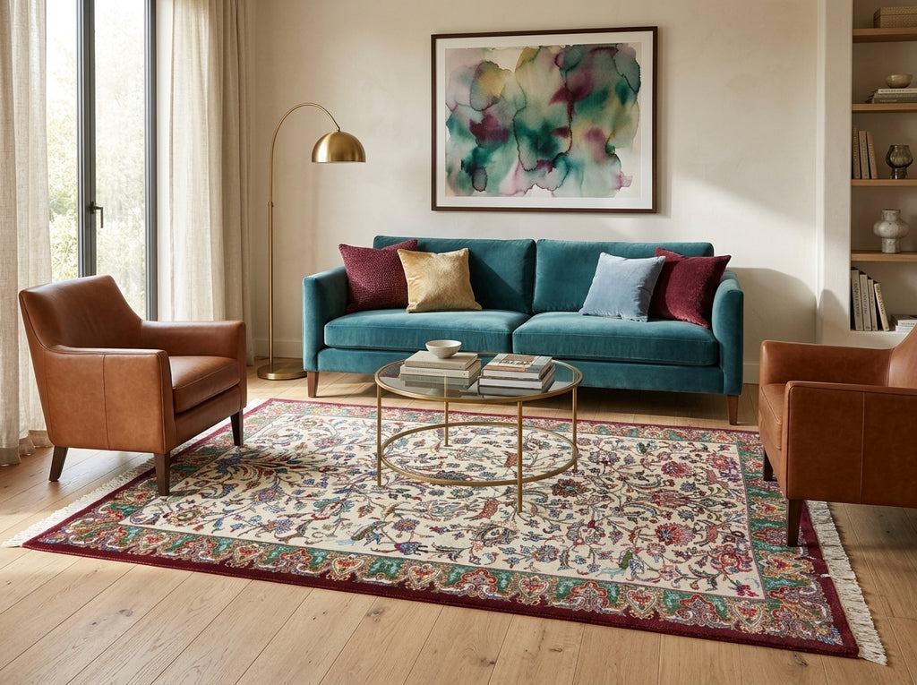 A styled living room featuring  a large traditional patterned area rug on a light wood floor. 