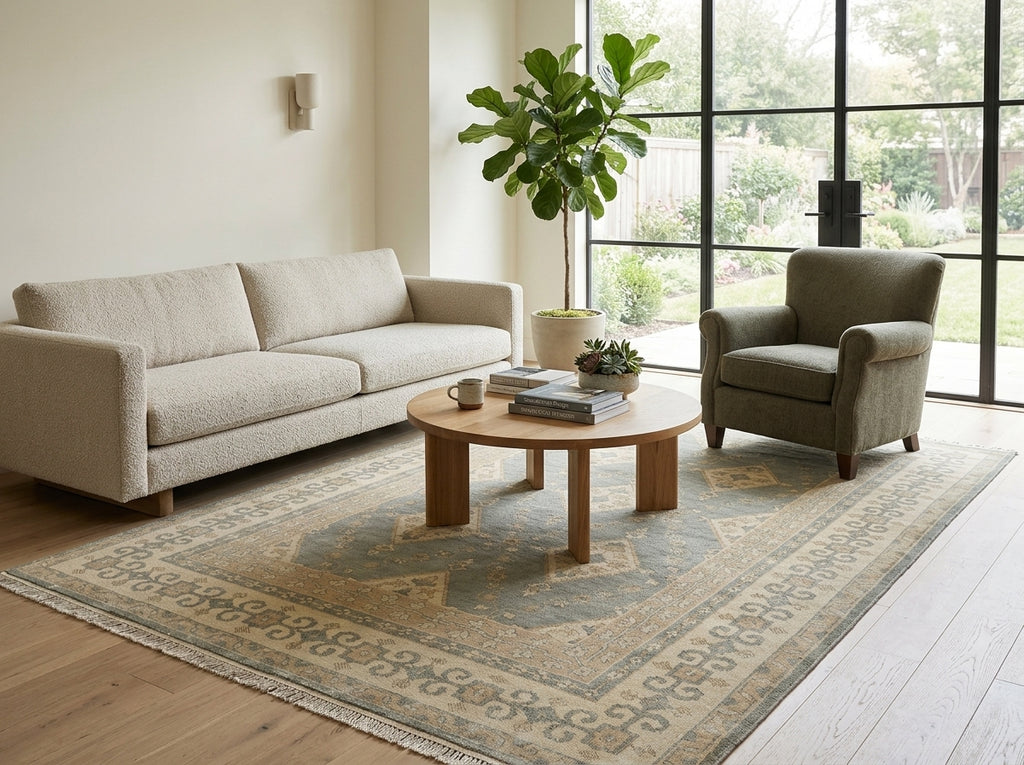 A styled living room scene featuring a light beige three-seater sofa, a matching armchair, a round wooden coffee table, and a large patterned area rug on a light wood floor. A tall potted fiddle-leaf fig plant stands near a large black-framed window.