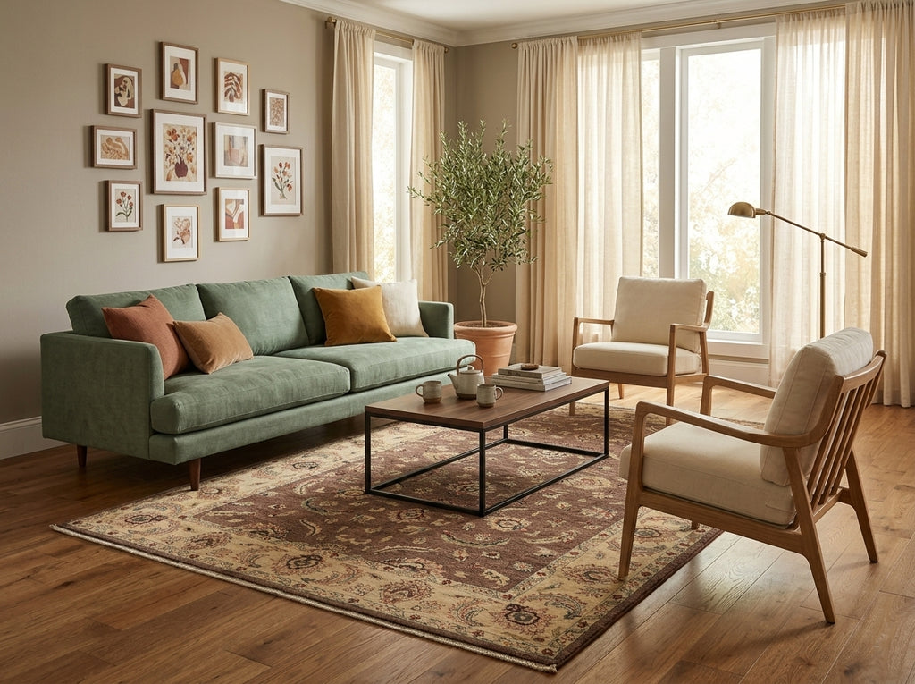 A styled living room scene with  a patterned area rug.