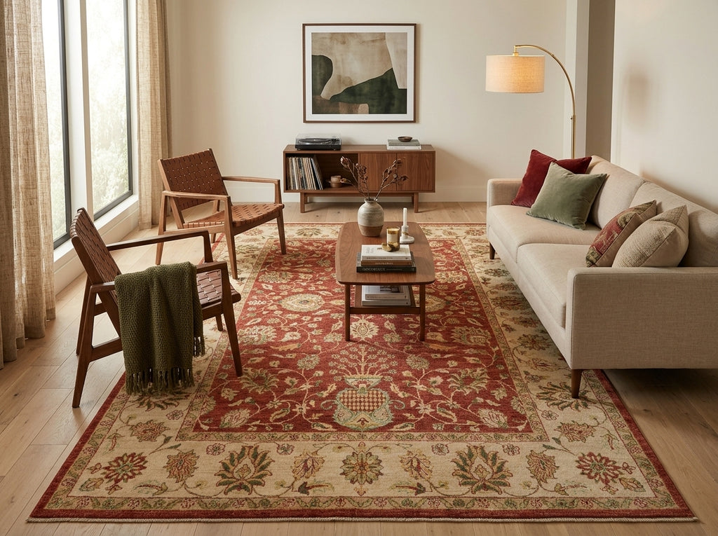 A large traditional area rug with a red and beige floral pattern is styled in a bright, modern living room with a beige sofa, wooden chairs, and a coffee table.