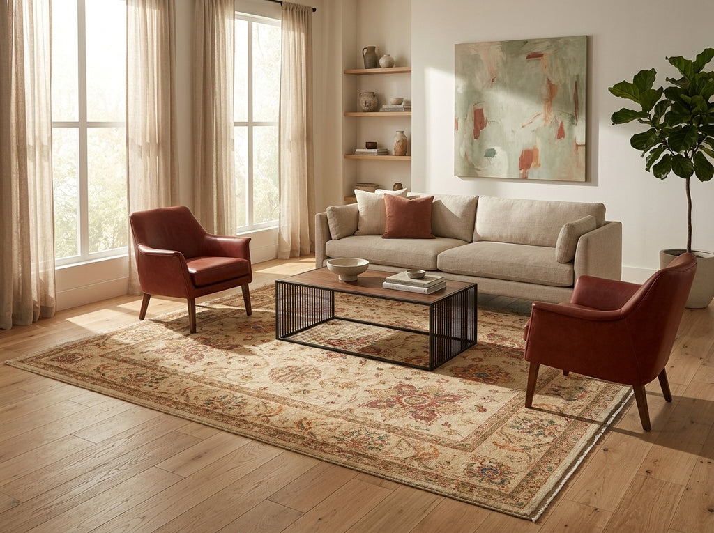 A styled living room featuring  a large patterned area rug