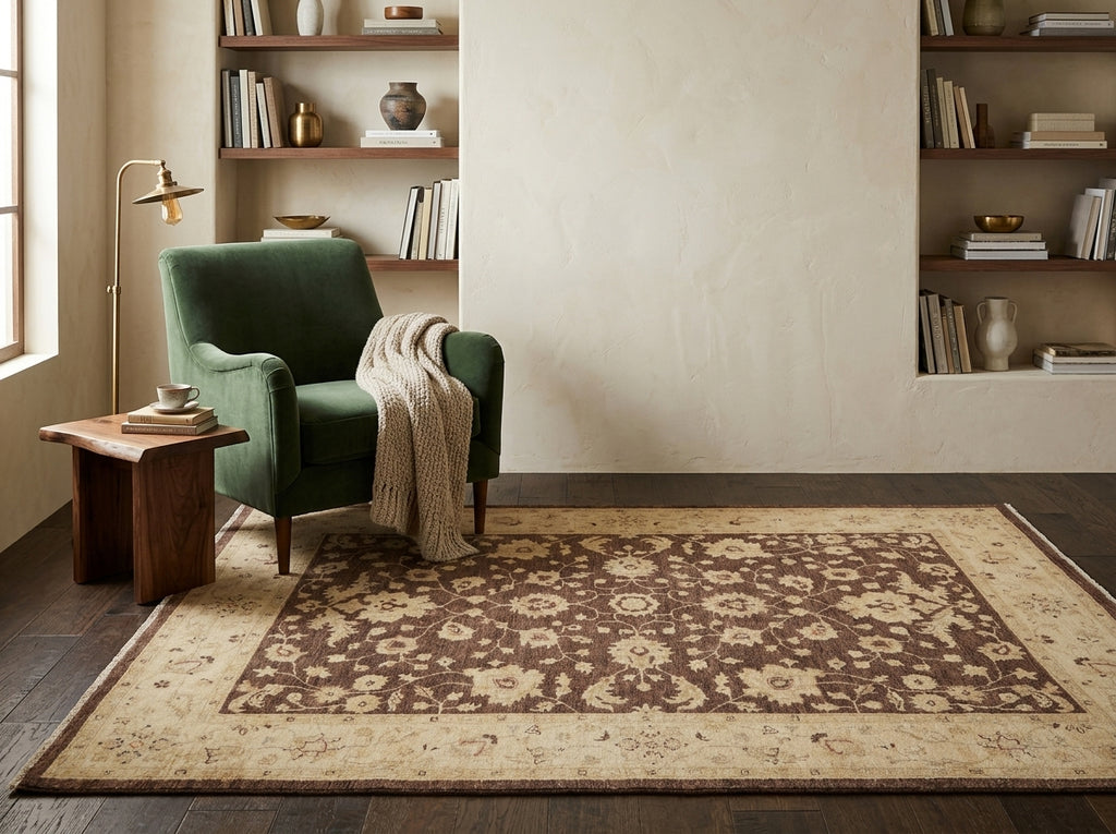 A rectangular area rug with a distressed traditional floral pattern in brown and beige.