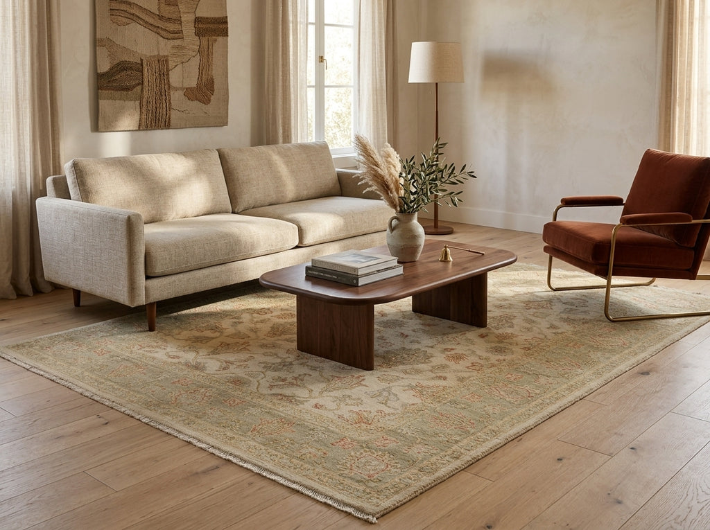 A styled living room scene featuring a  large beige patterned area rug on a light wood floor.