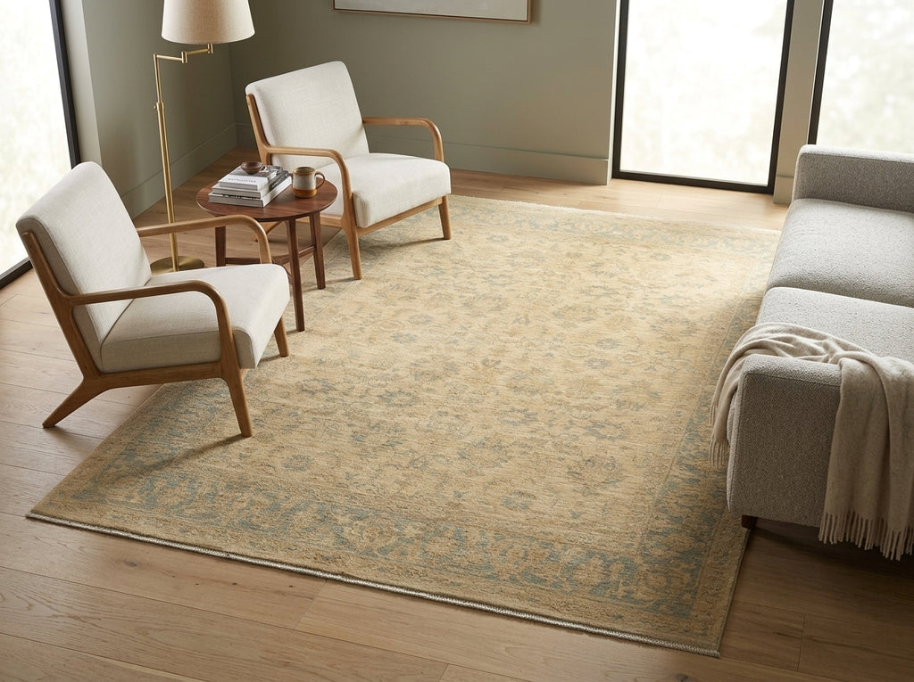 A large rectangular area rug with an ornate traditional pattern in beige, cream, and muted blue-gray tones, styled in a modern living room setting with light wood floors, two armchairs, and a sofa.