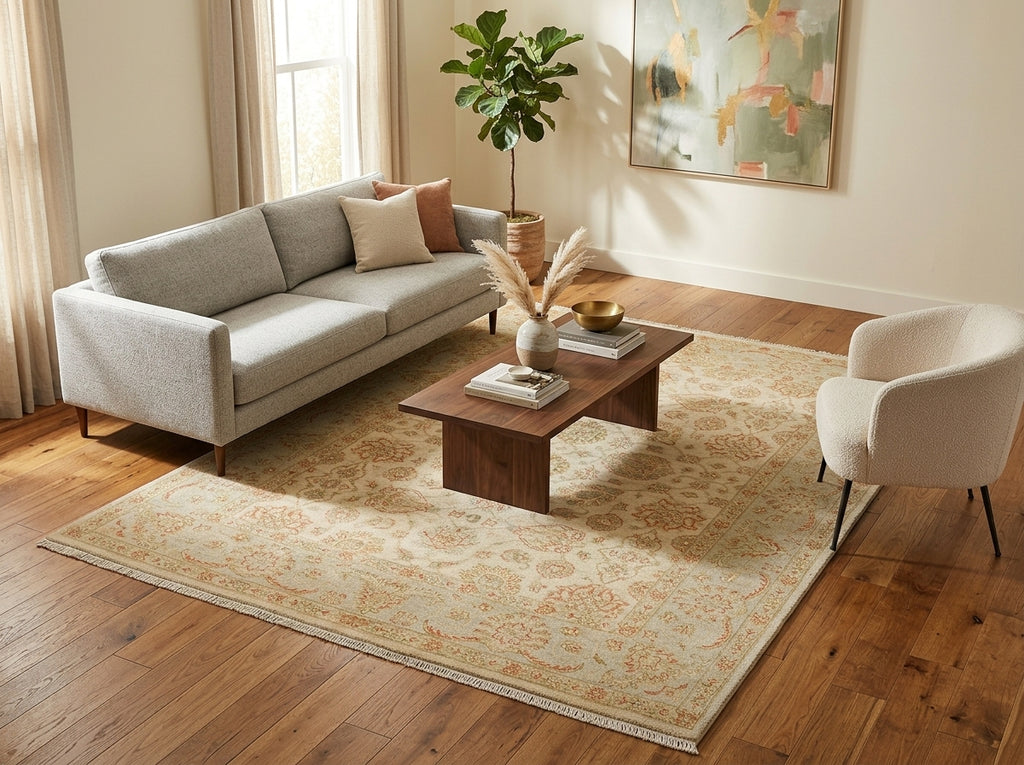 A large traditional-style area rug in beige and cream with subtle floral motifs.