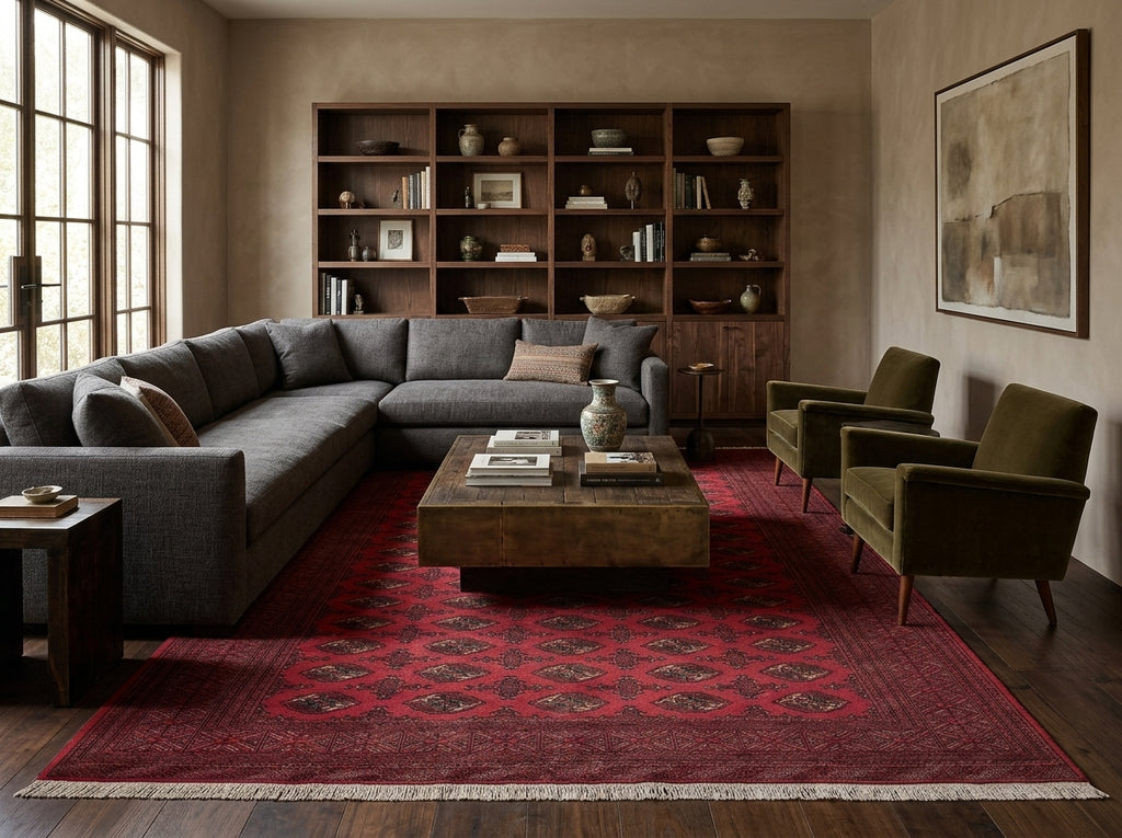 A styled living room featuring a large red patterned area rug.