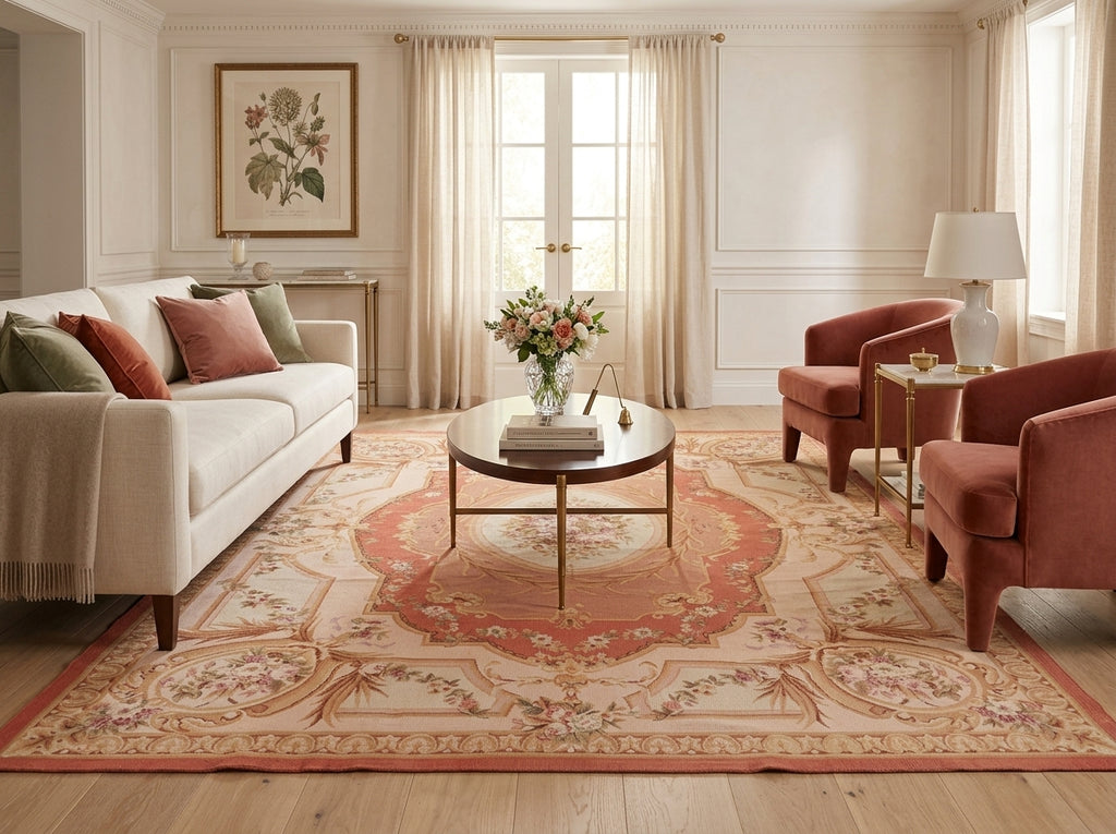 A styled living room featuring a large traditional area rug with a central medallion pattern in beige, rust, and pink. The room includes a cream sofa with accent pillows, two rust-colored armchairs, a round wooden coffee table with a floral arrangement, and a white floor lamp.