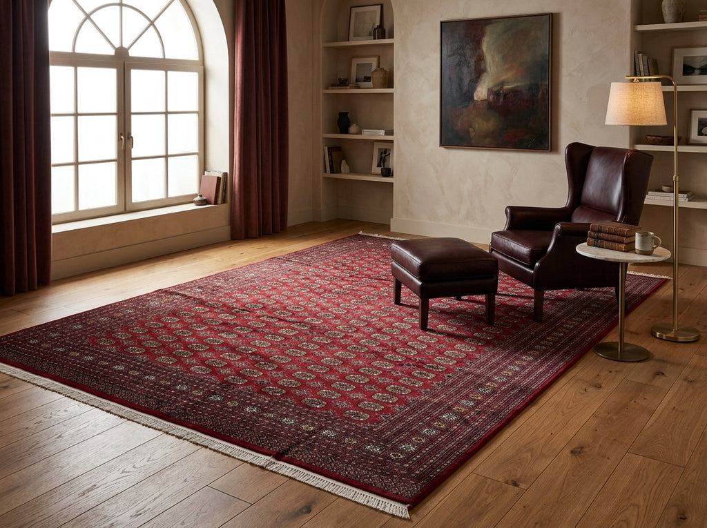 A large traditional area rug with a deep red and brown pattern, styled in a warm, classic living room with a dark leather armchair, matching ottoman, wooden floor, and built-in shelves.