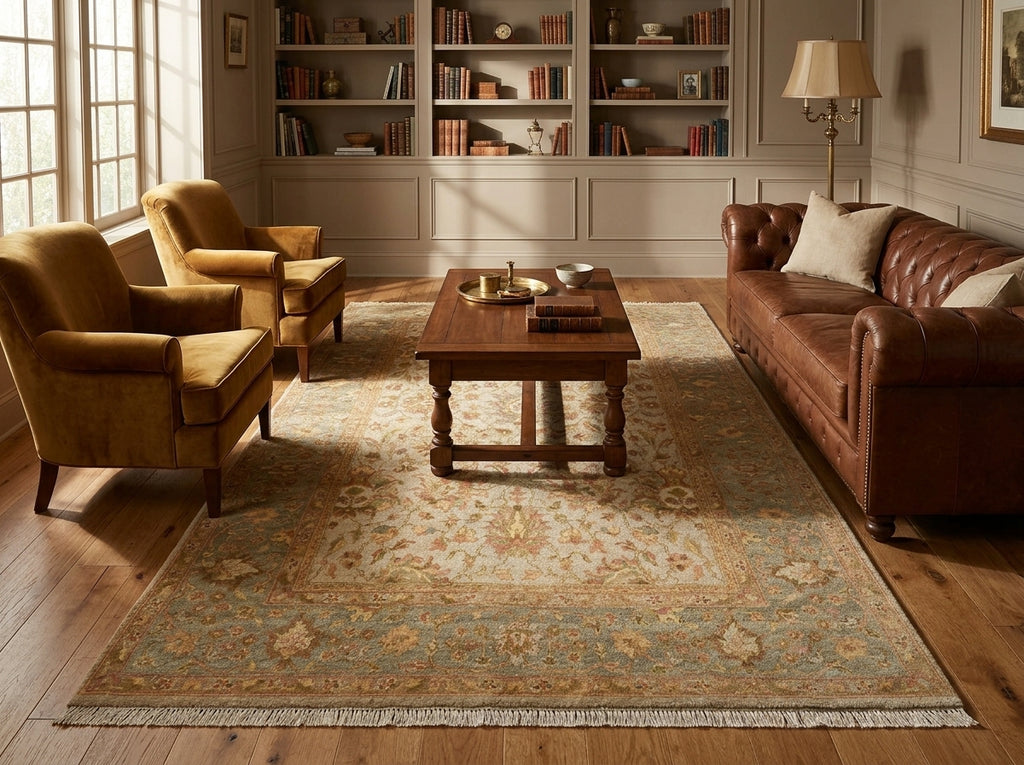 Cozy living room with brown leather furniture and a large rug.