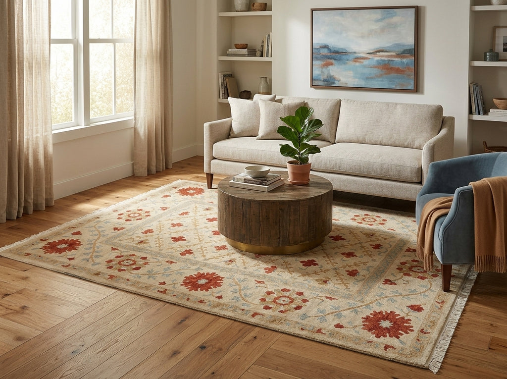 Living room with a floral rug, sofa, coffee table, and decorative elements.