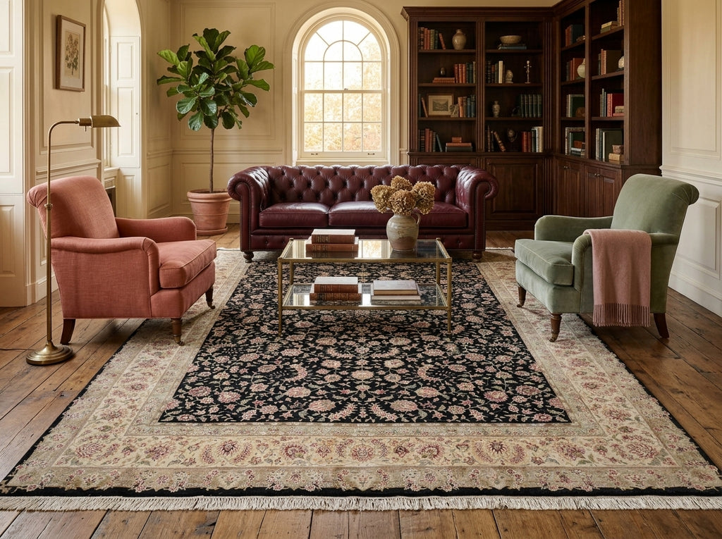 A styled living room featuring a large traditional oriental area rug with a black, beige, and pink floral pattern. The rug is styled in a warm, classic room with a dark brown leather Chesterfield sofa, a dusty pink armchair, a sage green armchair, and a glass coffee table.