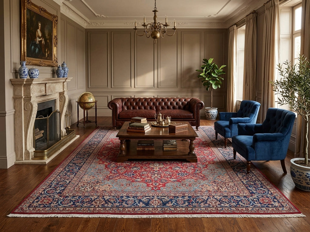 A large traditional oriental area rug with a red, blue, and beige pattern is styled in a classic, elegant living room with a brown leather Chesterfield sofa, blue velvet armchairs, a wooden coffee table, and a fireplace.