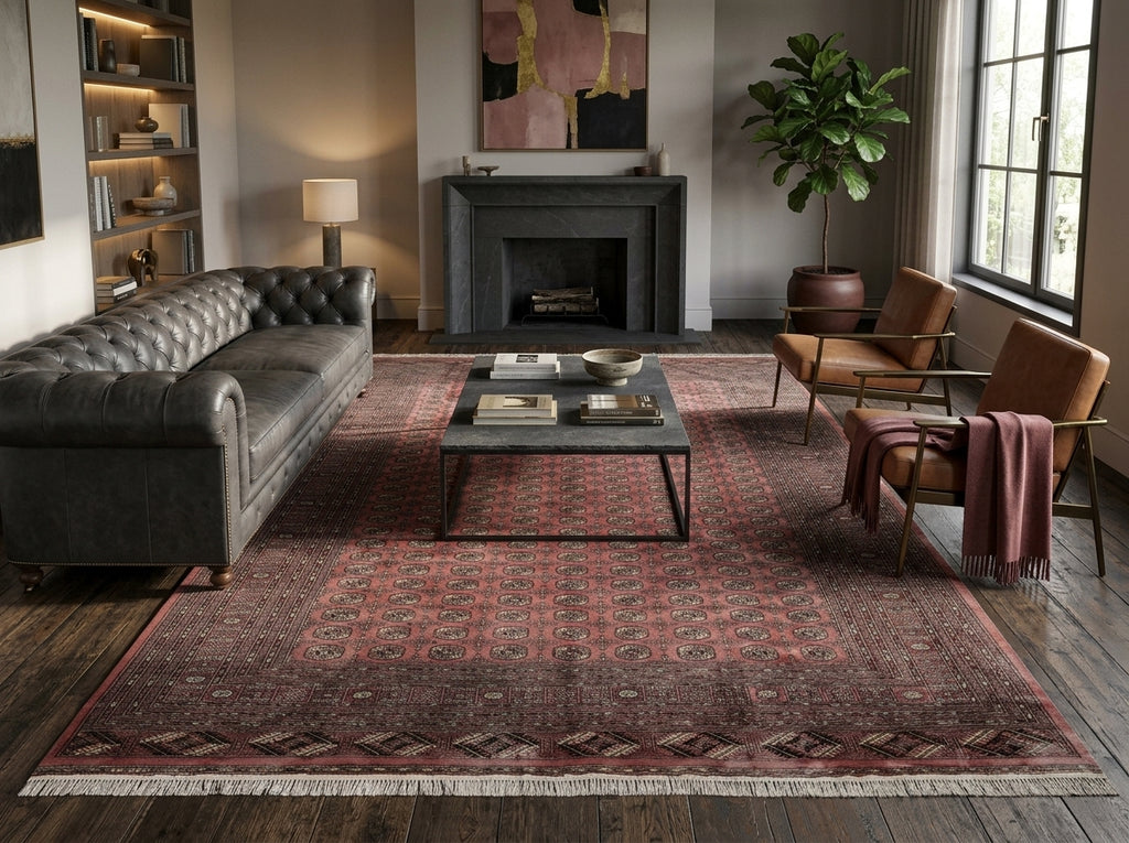 A large traditional oriental area rug in muted red, brown, and beige tones, styled in a cozy living room with a dark gray leather Chesterfield sofa, a dark wood coffee table, and two mid-century modern armchairs.