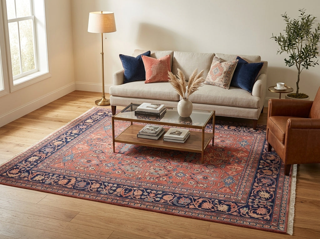 A large traditional Persian-style area rug with a red, navy, and beige pattern, styled in a bright living room under a light gray sofa and a glass-top coffee table.